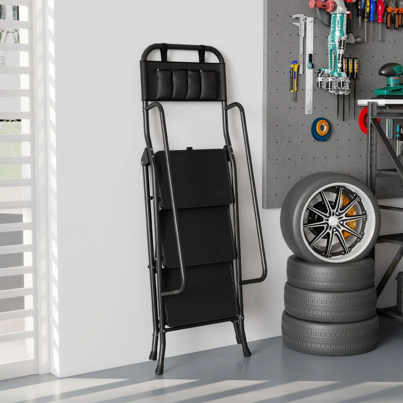 HOMCOM Échelle pliable 3 marches avec sac porte-outils — marches larges antidérapantes, noir