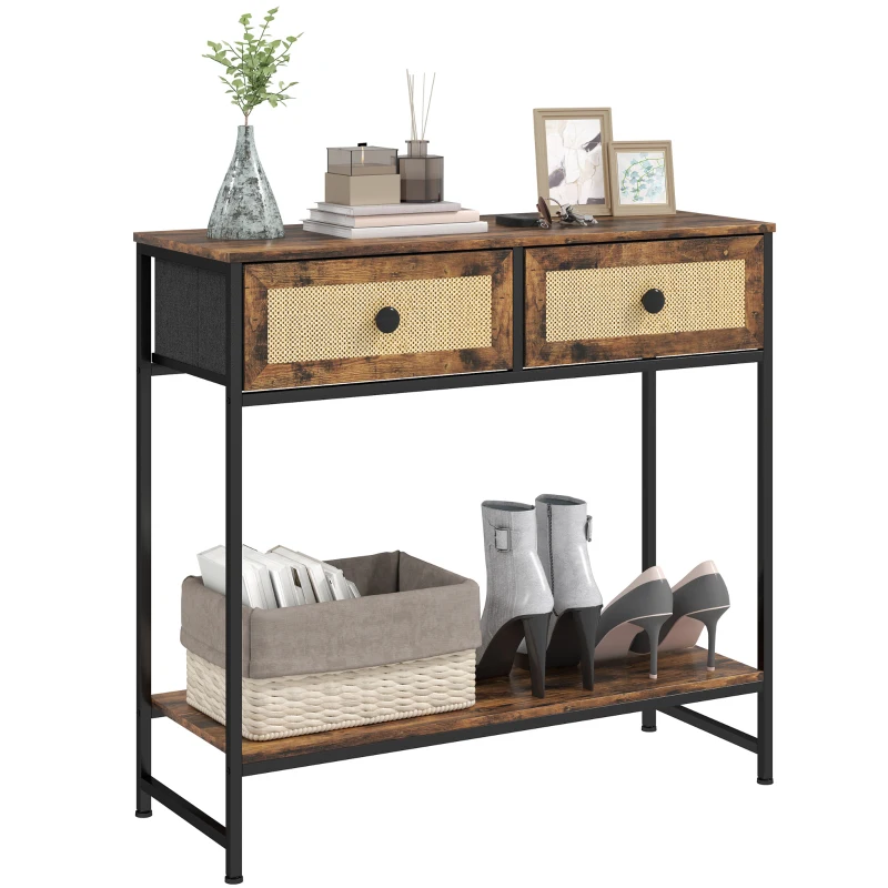 HOMCOM Mesa Consola Móvel de Entrada com Prateleira Aberta 2 Gavetas Frente em Vime Consola de Entrada 80x30x75 cm Marrom Rústico