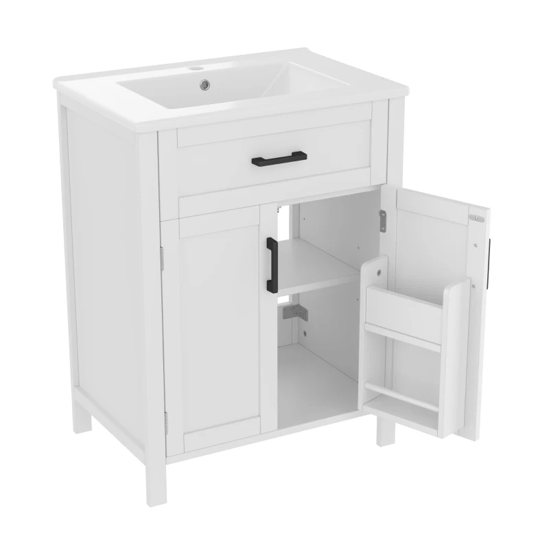 Freistehender Badezimmerschrank mit Waschbecken, Doppeltürregale, praktische Schubladen, verstellbare Regale, 60 x 46 x 84,8 cm, Weiß