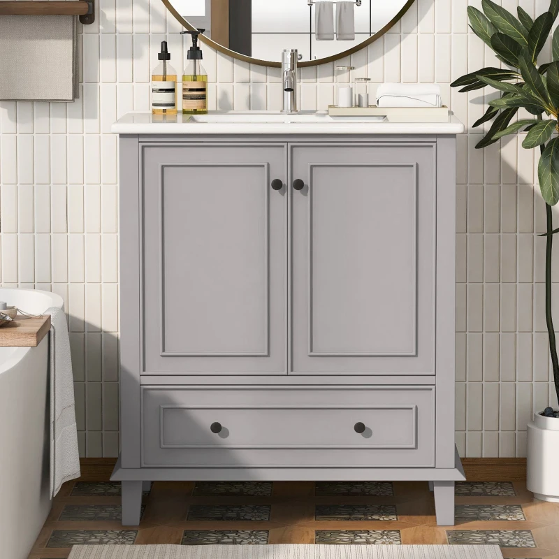 Badezimmerschrank mit Waschbecken, freistehend, großer Stauraum, 76 x 46 x 87 cm, Grau