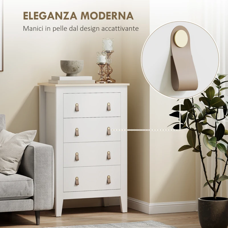 HOMCOM Cassettiera per Camera da Letto a 4 Cassetti con Maniglie in Finta Pelle, 60x40x98 cm, Bianco