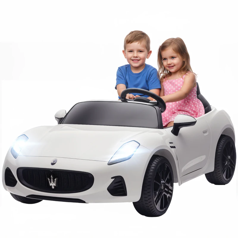 AIYAPLAY Maserati elektrische kinderauto voor kinderen, 2-zits, 12V batterij, afstandsbediening, LED-lichten, muziekfunctie, Wit