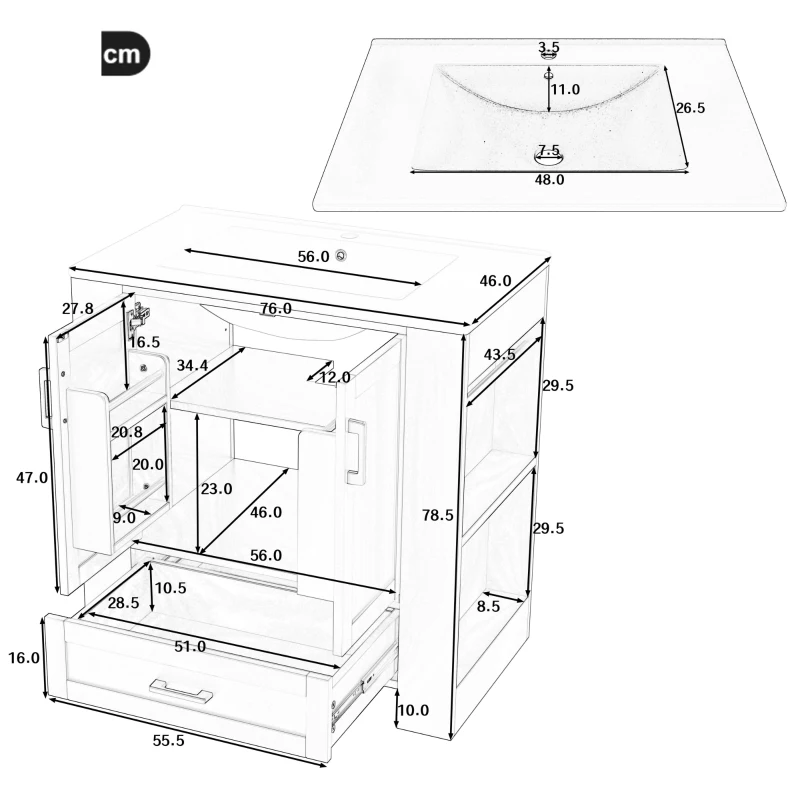 Moderner Badezimmerschrank 76cm mit Aufbewahrung und integriertem Keramikwaschbecken Blau