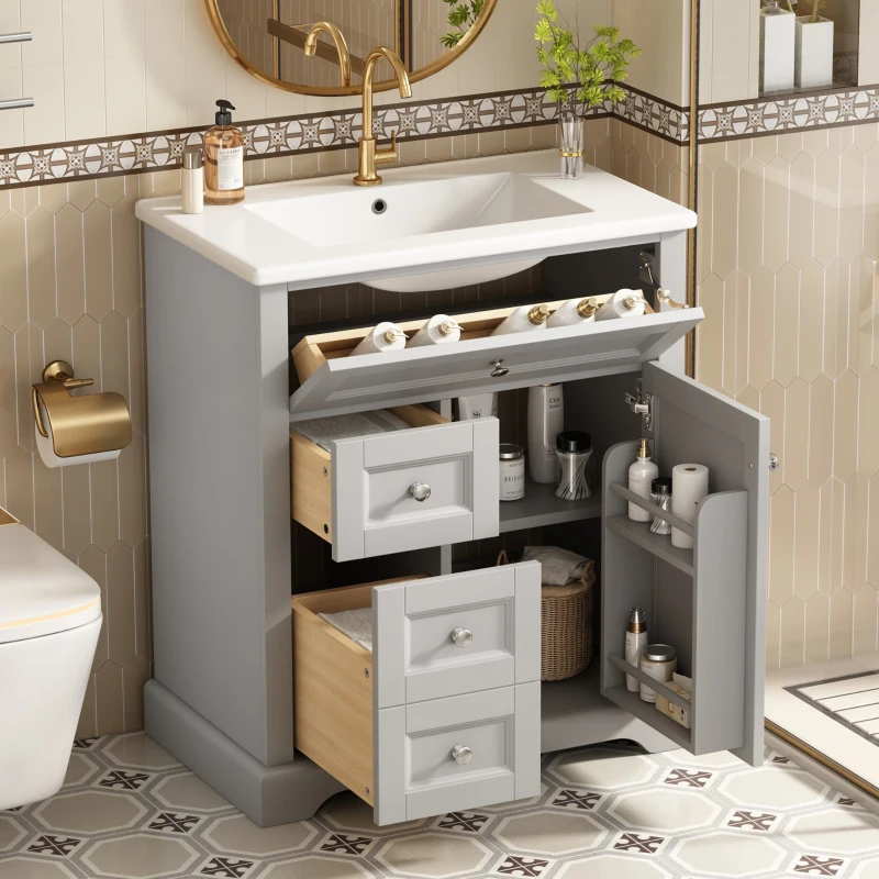 Badezimmerschrank 76cm Bodenstehender mit Waschbecken Feuchtigkeitsbeständig Stauraum Grau