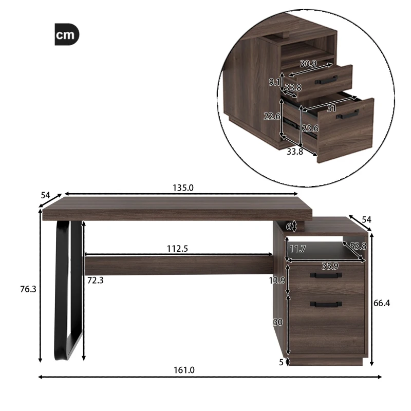 Schreibtisch Großer 160cm minimalistischer Stil mit Schubladen MDF-Platte Metallrohr Büro Braun