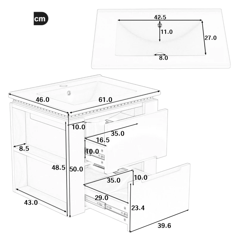 Badezimmerschrank Wand mit LED-Radarsensor-Beleuchtung 2 Schubladen seitlichen Ablagen 61cm Weiß