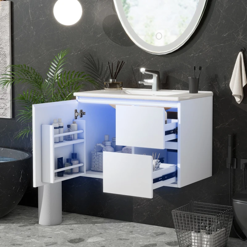Wandhängender Badezimmerschrank mit LED-Radarsensor-Beleuchtung, zwei Schubladen und integriertem Keramikwaschbecken, 76x 46 x 50 cm, Weiß