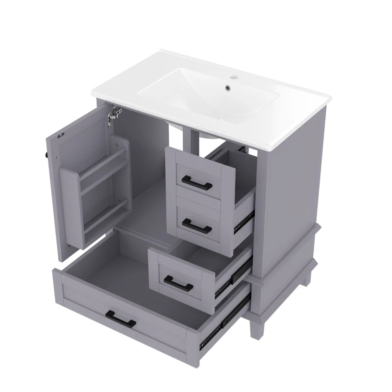 Bodenstehender Badezimmerschrank mit Waschbecken, vielfältiger Stauraum, 76 x 46 x 83,5 cm, Grau