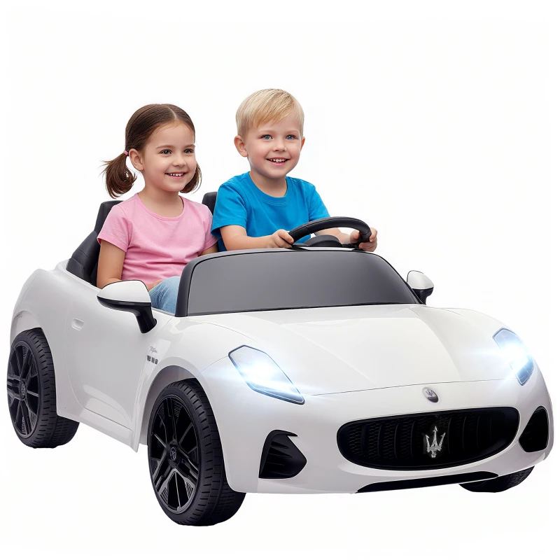 AIYAPLAY Coche Eléctrico Infantil Maserati 12V, 2 Plazas, Mando Parental, Luces LED y MP3, Blanco