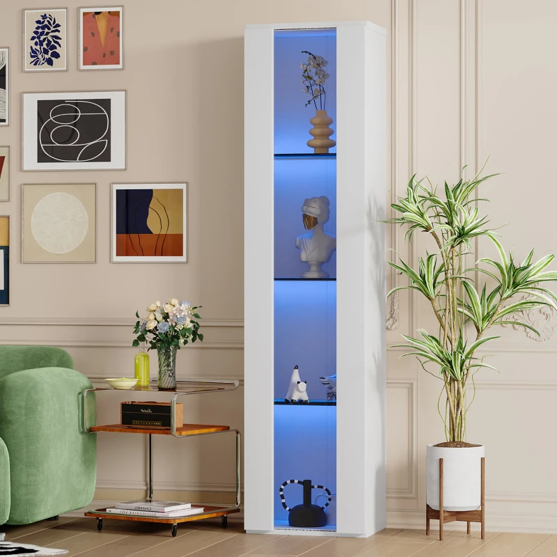 Multifunktionale Vitrine mit Glastrennwand, LED-Farbwechsellicht, 40 x 29 x 170 cm, Weiß
