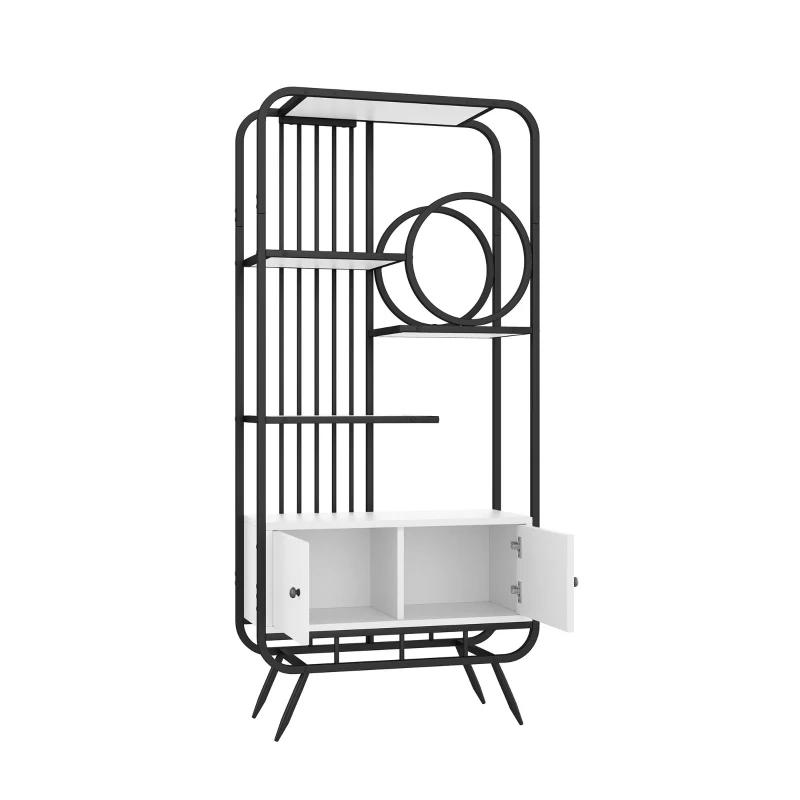 Metallregal mit drei Regalböden und runder Dekoration, weißer Lagerschrank mit Doppeltür, 80 x 30 x 180 cm, Weiß+Schwarz