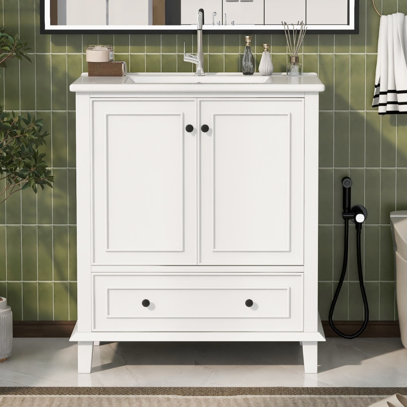 Armadietto Da Bagno Bianco Con Cassetto, 35x30x87 Cm, 2 Ripiani Regolabili, In MDF, Design Moderno