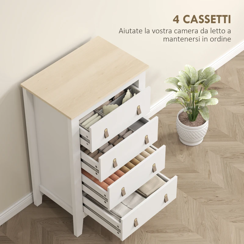 HOMCOM Cassettiera per Camera da Letto a 4 Cassetti con Maniglie in Finta Pelle, 60x40x98 cm, Bianco