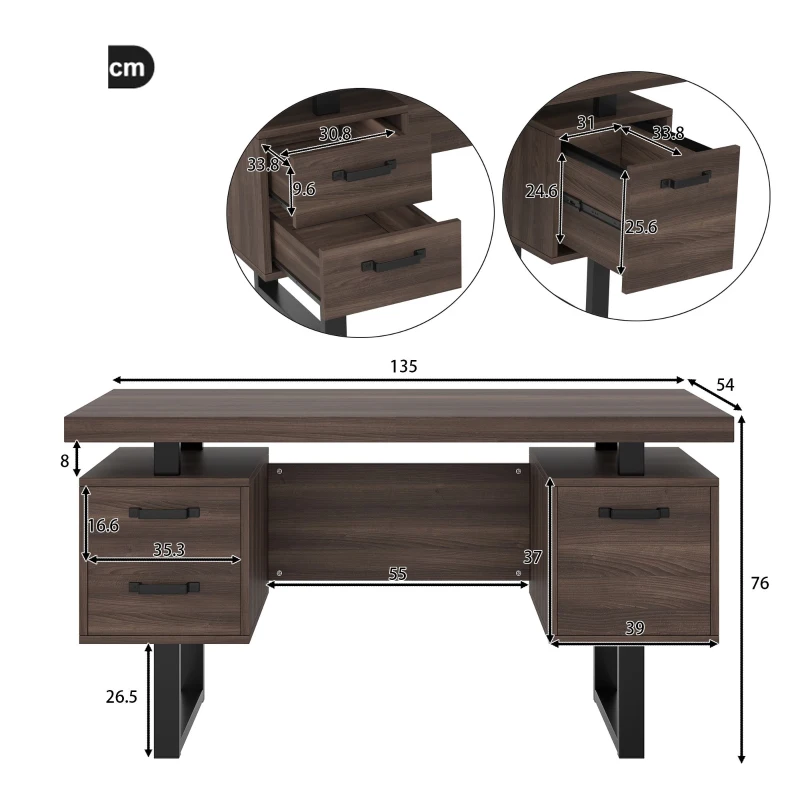 Einfacher Büroschreibtisch mit Schubladen, MDF und hochwertiges Metallrohr, geräumige Schreibtischplatte, effiziente Aufbewahrung, 135 x 54 x 76 cm, Schwarz+Braun