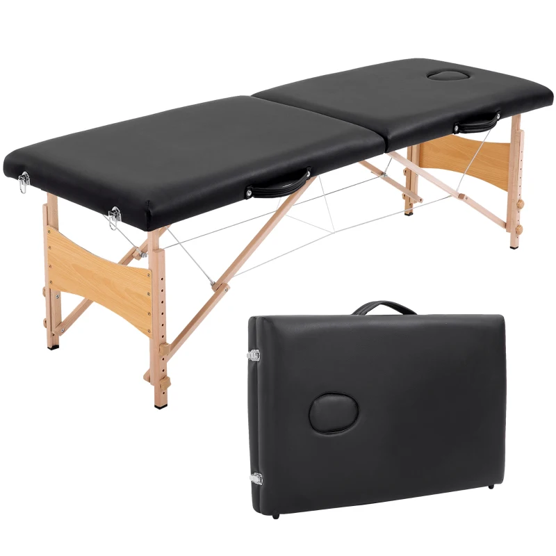 HOMCOM Table de massage pliante lit table de beauté 2 zones portable sac de tranport inclus hauteur réglable dim. 186L x 60l x 58-81H cm bois massif revêtement synthétique noir