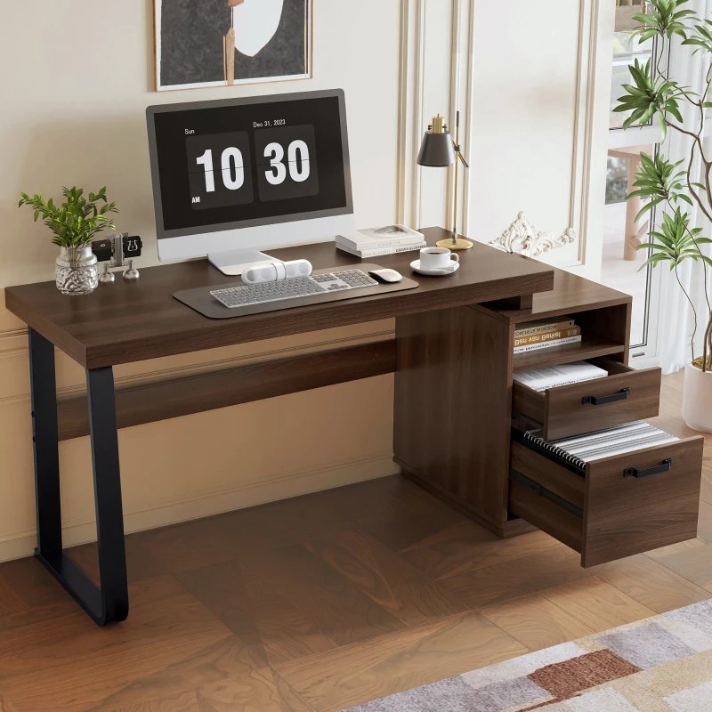 Schreibtisch Großer 160cm minimalistischer Stil mit Schubladen MDF-Platte Metallrohr Büro Braun