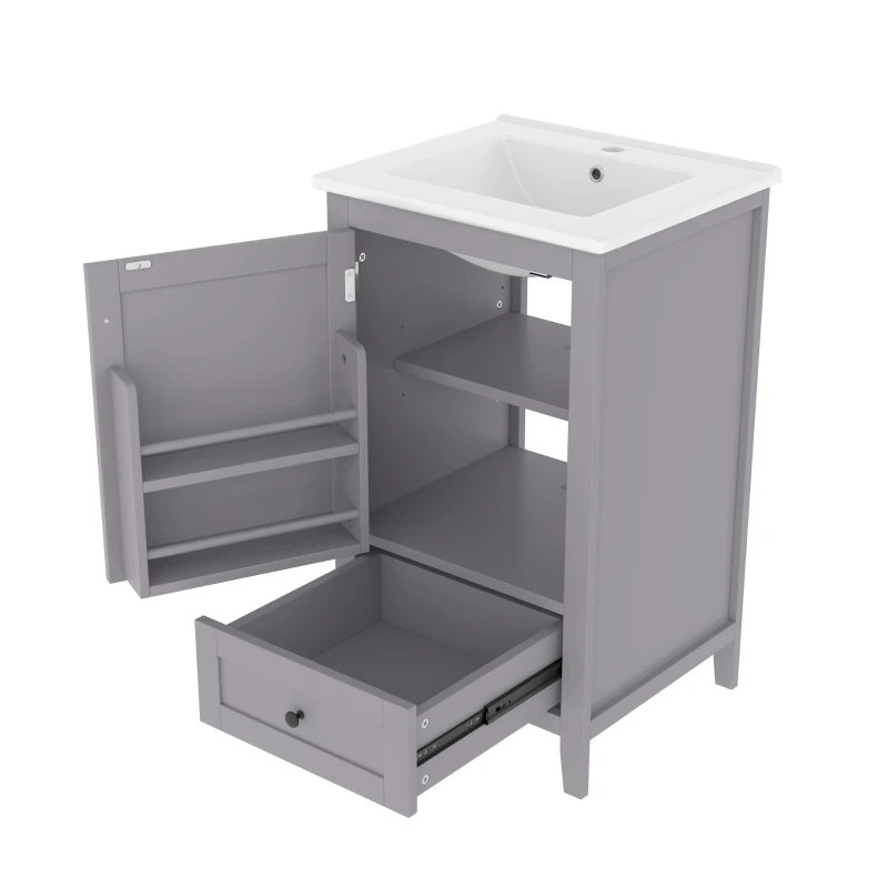 Badezimmerschrank mit Waschbecken, geräuschlose Schublade, verstellbares Regal, 51 x 46 x 85 cm, Grau