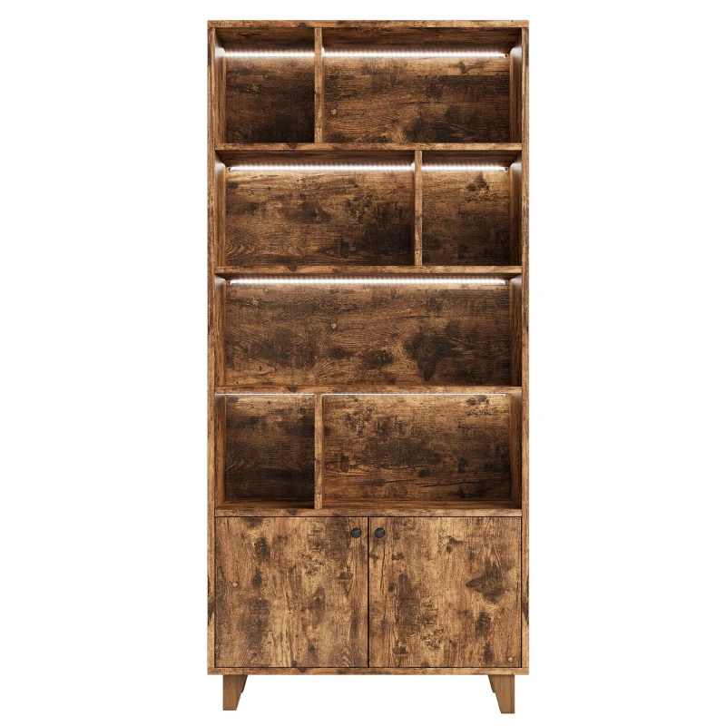 Bücherregal mit LED-Farbwechsel-Ambientelicht, Doppeltüren und mehreren Ablagefächern, 80 x 30 x 173 cm, Braun