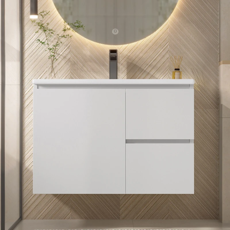 Wandhängender Badezimmerschrank mit LED-Radarsensor-Beleuchtung, zwei Schubladen und integriertem Keramikwaschbecken, 76x 46 x 50 cm, Weiß