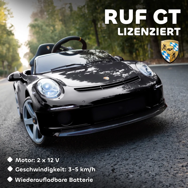 AIYAPLAY 12V Kinderauto | 2× motor | 2,4 GHz RC | Softstart & geveerd | MP3/USB en LED — Zwart