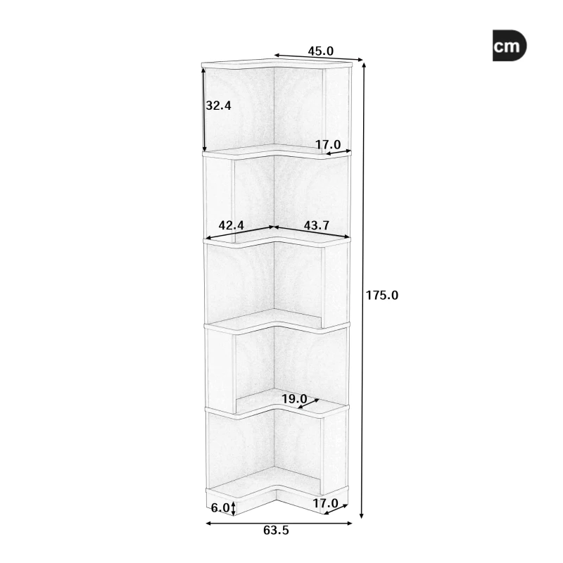Raft de colț pentru cărți cu bandă de lumină LED cu schimbare de culoare, design în formă de L, spațiu de depozitare în cinci straturi, 63,5x45x175 cm, Alb