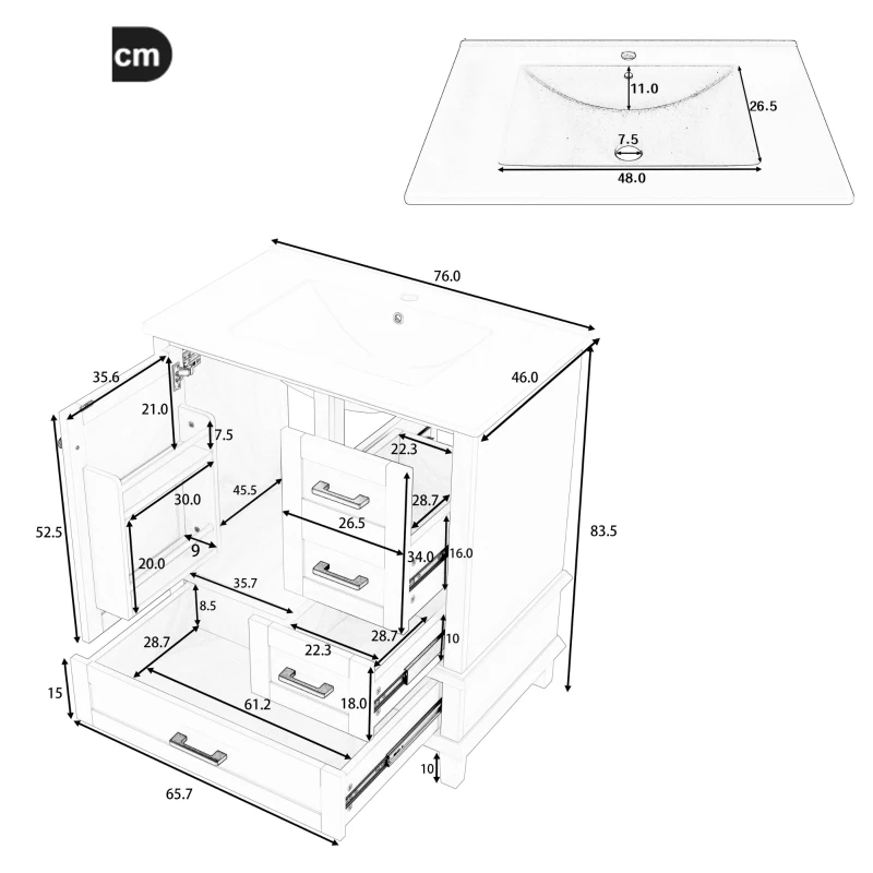 Bodenstehender Badezimmerschrank mit Waschbecken, vielfältiger Stauraum, 76 x 46 x 83,5 cm, Weiß