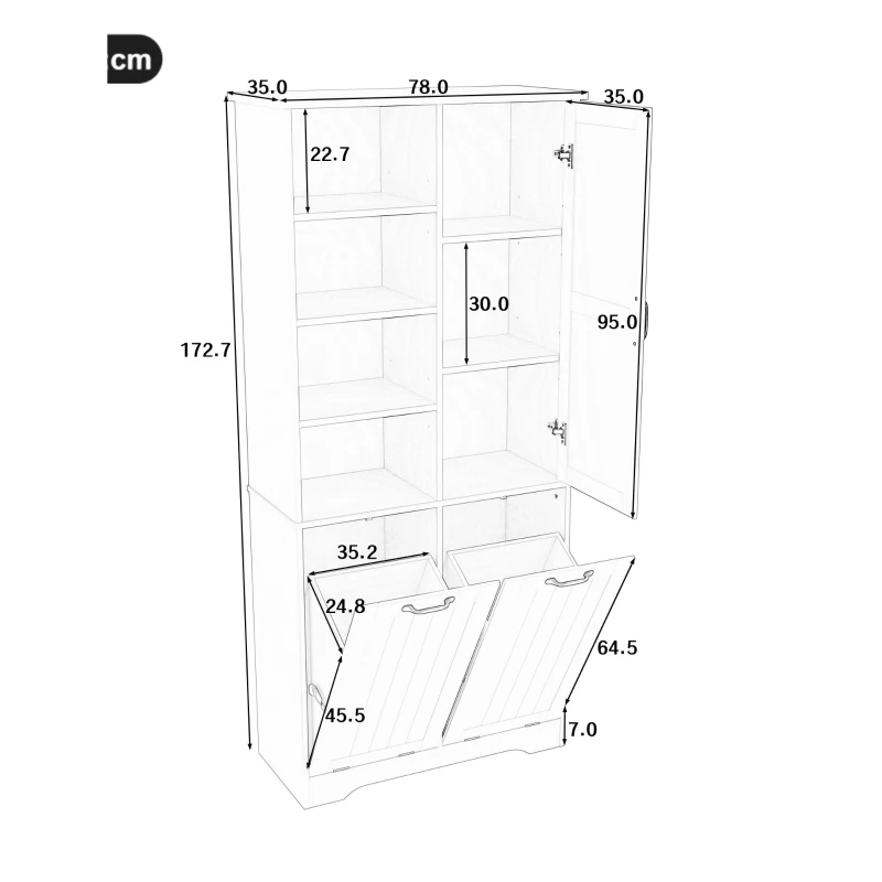 Badezimmerschrank mit doppeltem Wäschekorb, verstellbare Regale, viel Stauraum, 78 x 35 x 172,7 cm, Weiß