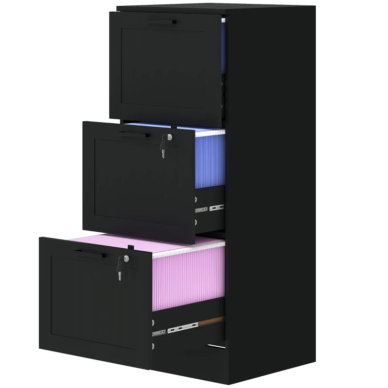 HOMCOM Caisson bureau, meuble rangement bois 3 tiroirs et serrure, barres de suspension réglables, 40 x 40 x 101 cm, noir
