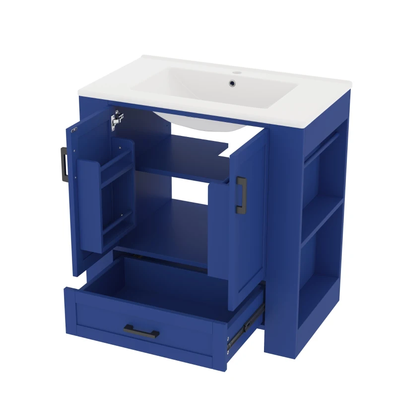 Freistehender Badezimmerschrank mit integriertem Keramikwaschbecken, Doppeltürregale und Schubladen, 76 x 46 x 78,5 cm, Blau