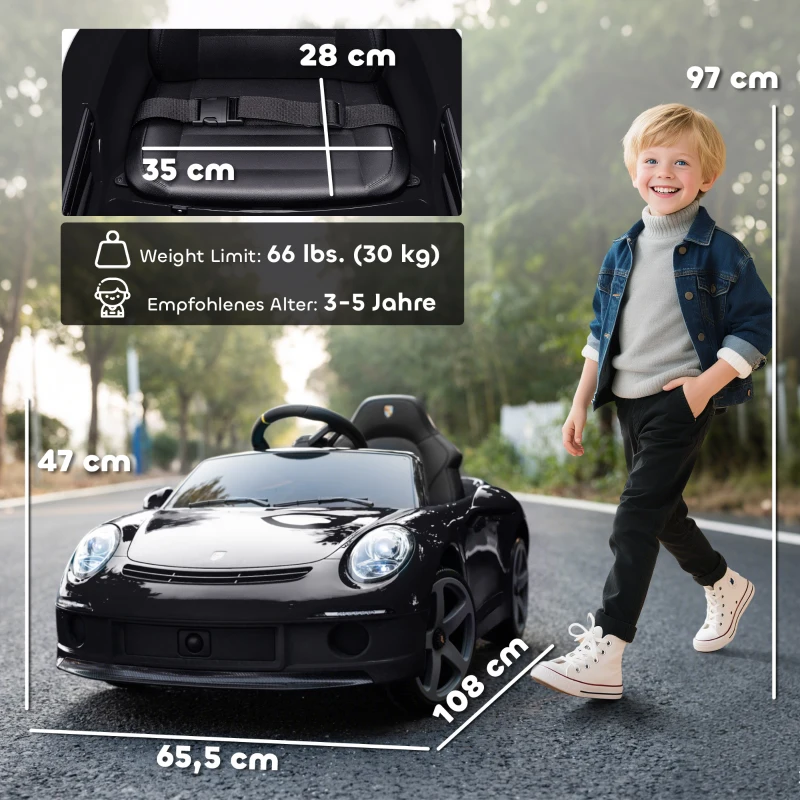 AIYAPLAY 12V Kinderauto | 2× motor | 2,4 GHz RC | Softstart & geveerd | MP3/USB en LED — Zwart