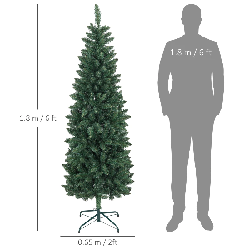 HOMCOM Brad Artificial de Crăciun cu 479 Ramuri, Brad de Crăciun Înalt și Îngust cu Bază Pliabilă, Ø65x180 cm, Verde