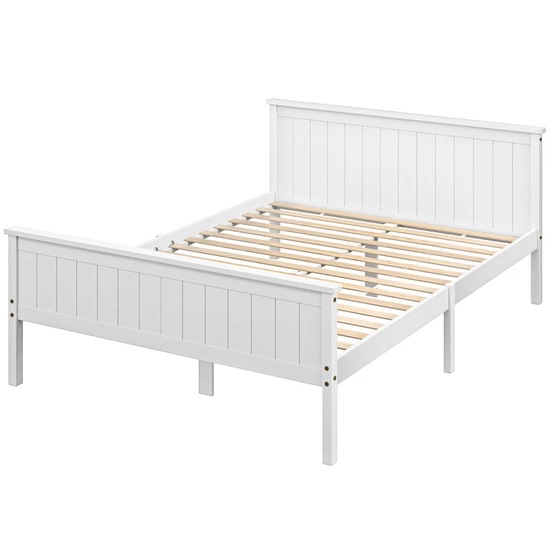 HOMCOM Cadre de lit 150 x 210 cm, lit simple en bois massif avec sommier à lattes tête et pied inclus, assemblage facile, blanc