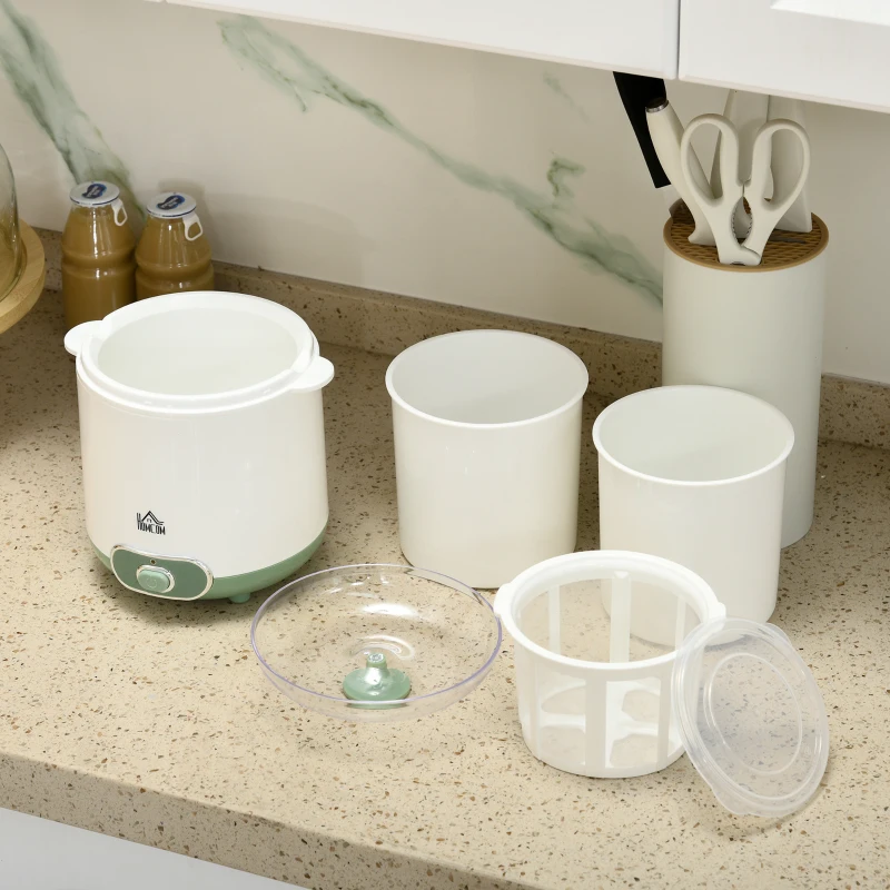 HOMCOM maszynka do jogurtu, 1,5 l maszynka do jogurtu z 2 słoikami, sitko, pokrywka, 20 W do jogurtu greckiego, dla 3–5 osób, 19,5x17,5x21,4 cm, Biały