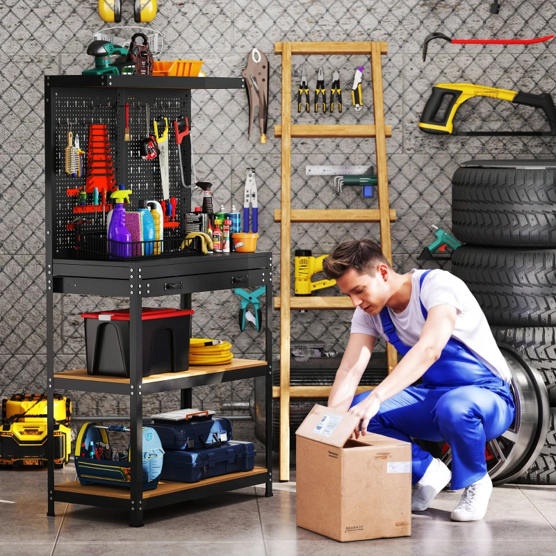 HOMCOM Workbench with Pegboard, Drawer & 2 Shelves — 31.5 x 15.9 x 61 in, Black