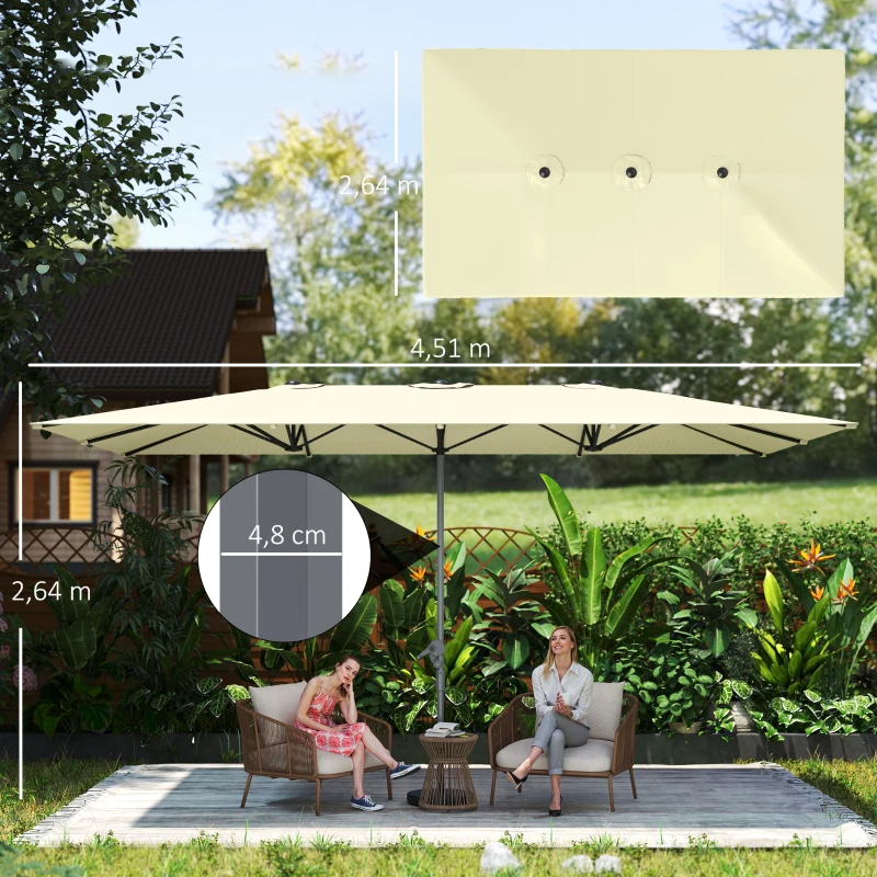 Outsunny Doppelseitiger Schirm, 451 x 264 cm Sonnenschirm mit Kurbelsystem, 12 Metallstreben, Aluminiummast, Cremeweiß(m-3)