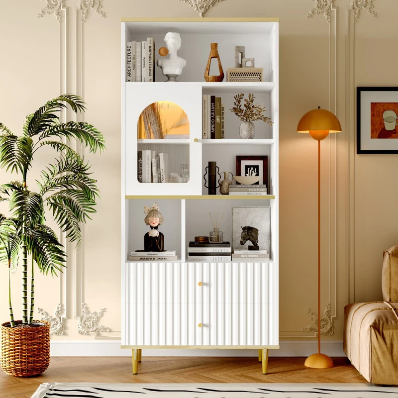 Bücherregal 180cm Multifunktionales mit Licht Mehrschichtige Aufbewahrung für Wohnzimmer und Home Office Weiß