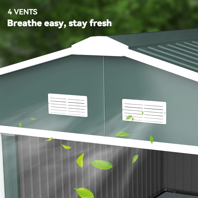 Outsunny 12.5ft x 11.1ft Durable Steel Sliding Door Storage Shed with Four Ventilation - Green