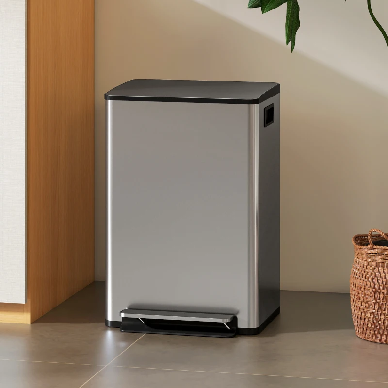 HOMCOM Papelera de cocina 50 L con pedal y cierre suave, cubo extraíble, 41,7 x 36,6 x 62 cm, plateado