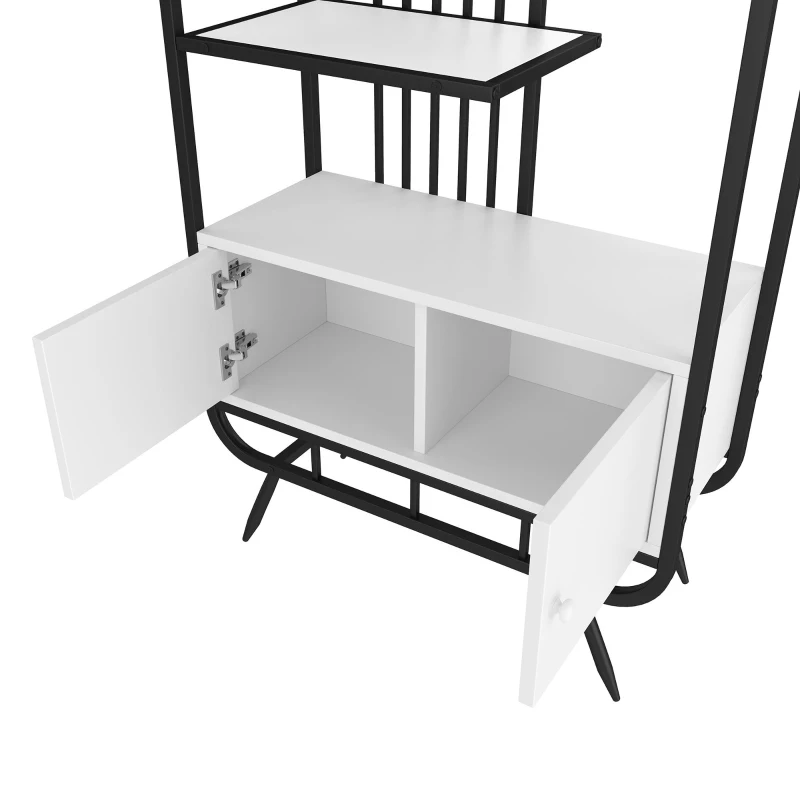 Metallregal mit drei Regalböden und runder Dekoration, weißer Lagerschrank mit Doppeltür, 80 x 30 x 180 cm, Weiß+Schwarz