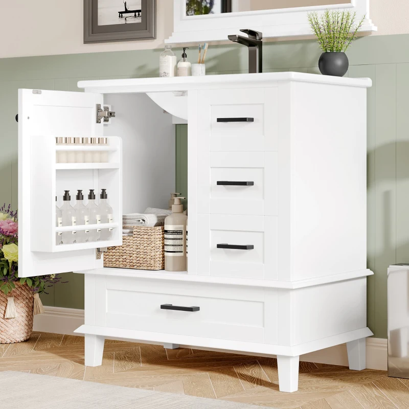 Bodenstehender Badezimmerschrank mit Waschbecken, vielfältiger Stauraum, 76 x 46 x 83,5 cm, Weiß