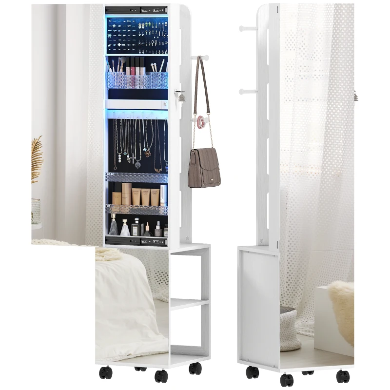 HOMCOM Armoire à bijoux armoire avec miroir sur pied pivotante à 360° éclairage LED 37x40x165,5cm cadre blanc, doublure noire