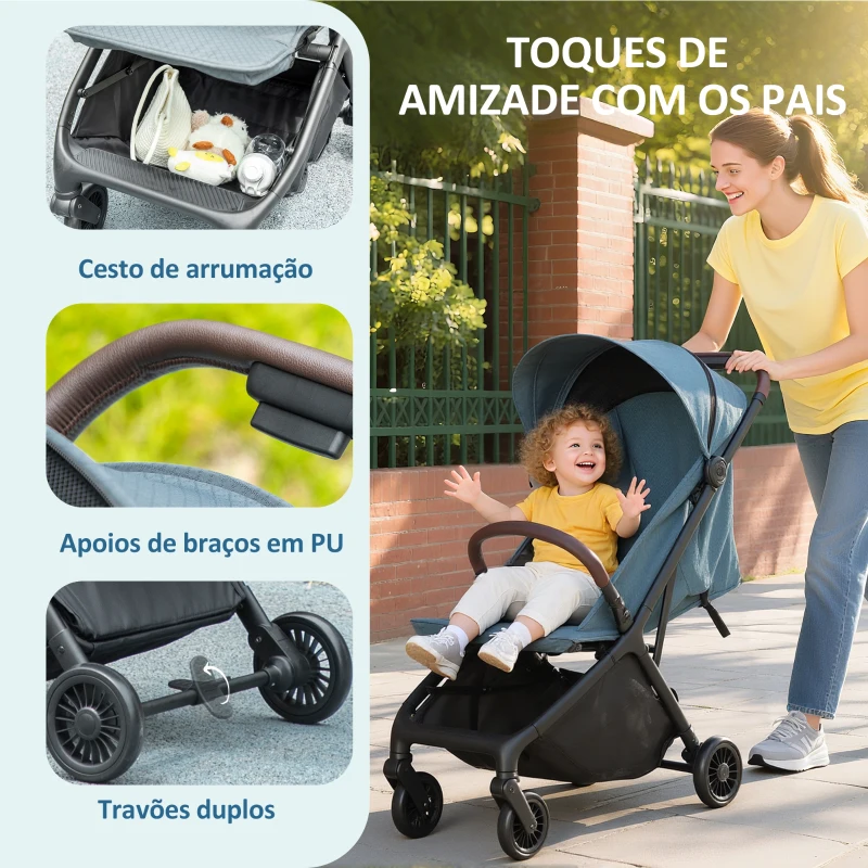 AIYAPLAY Carrinho de Bebé Dobrável com Encosto Reclinável Apoia-Pés Ajustável Capota Arnês de 5 Pontos 87x50x103 cm Azul Escuro