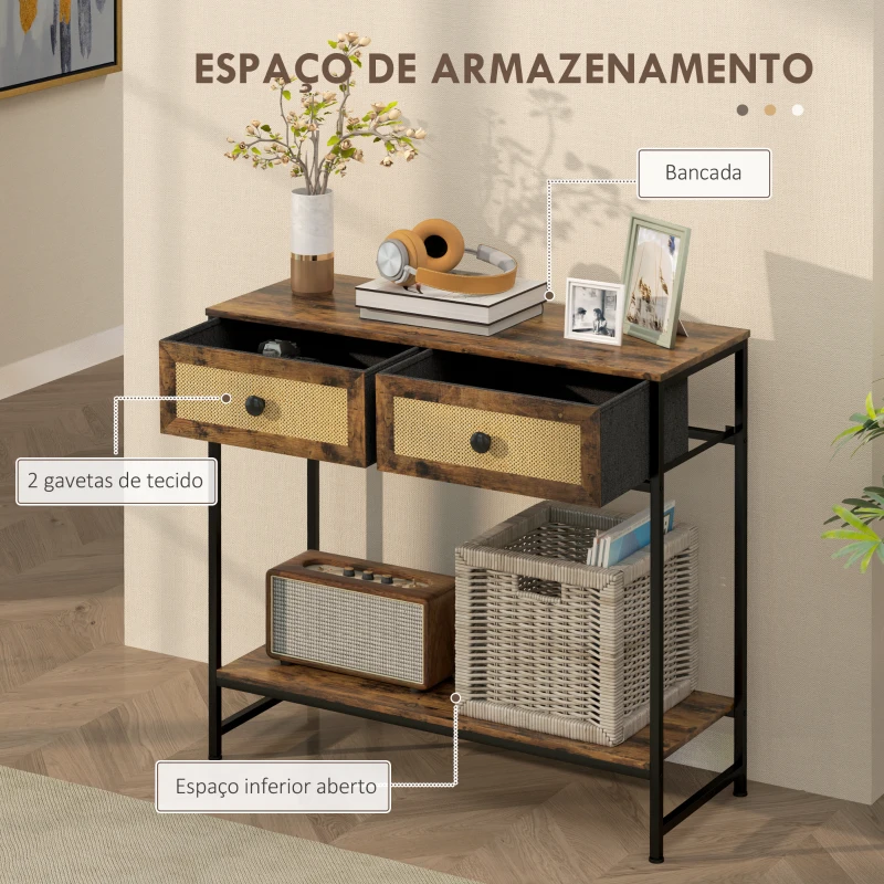 HOMCOM Mesa Consola Móvel de Entrada com Prateleira Aberta 2 Gavetas Frente em Vime Consola de Entrada 80x30x75 cm Marrom Rústico