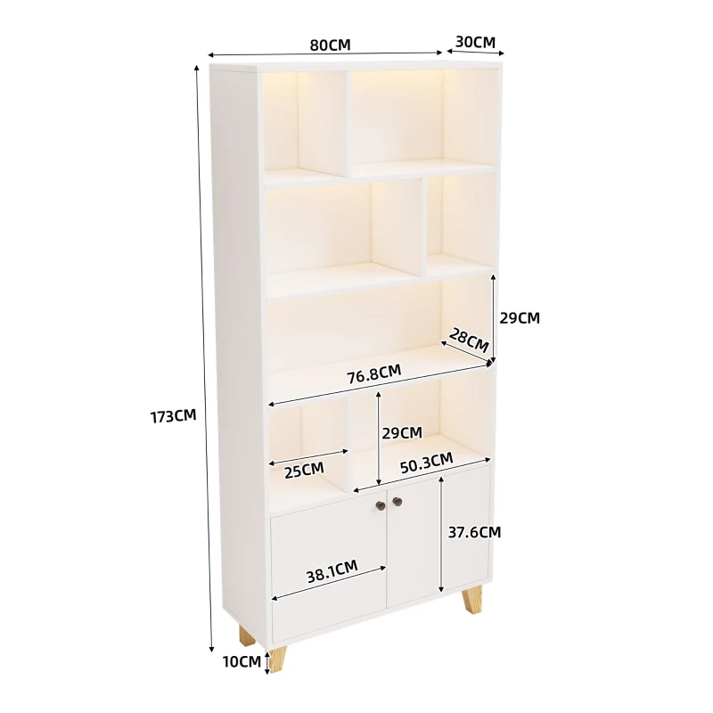 Bücherregal mit LED-Farbwechsel-Ambientelicht, Doppeltüren und mehreren Ablagefächern, 80 x 30 x 173 cm, Weiß