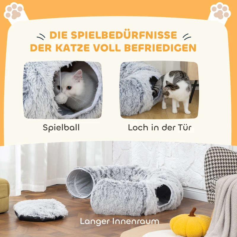 PawHut Kattentunnel, Pluchestof, Kussen, opvouwbaar, metalen frame, kattenhol, lichtgrijs