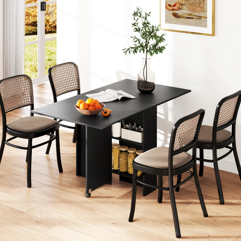 HOMCOM Foldable Dining Table, Extendable Drop Leaf Table with 2-tier Shelves, Small Dinner Table with Rolling Casters