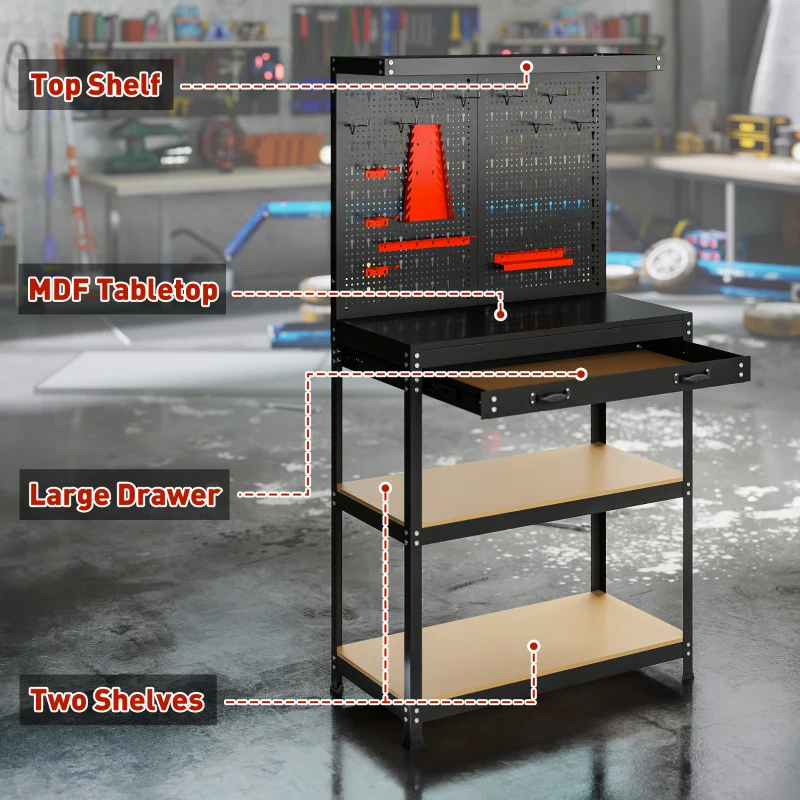 HOMCOM Banco da Lavoro con Pannello Portautensili Forato, 2 Ripiani e Cassetto, in Acciaio e Legno, 80x40.5x155 cm, Nero