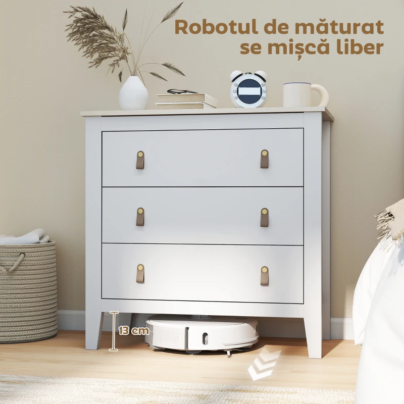 HOMCOM Comodă cu 3 Sertare și Mânere din Piele Ecologică Albă