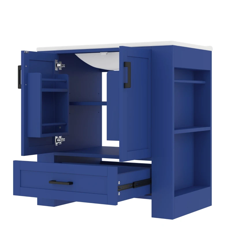 Moderner Badezimmerschrank 76cm mit Aufbewahrung und integriertem Keramikwaschbecken Blau