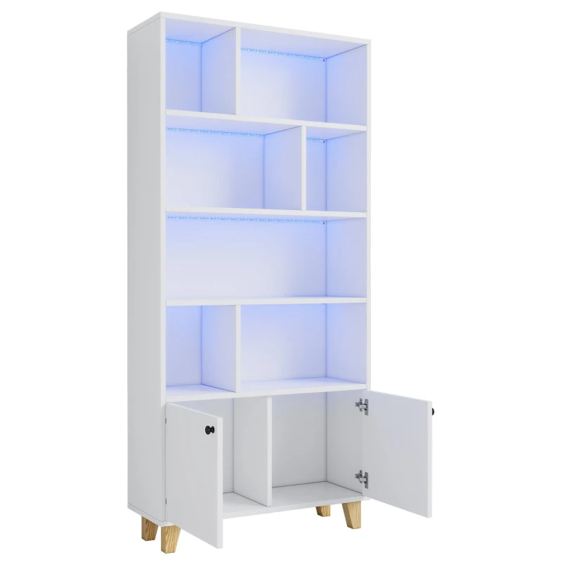 Bücherregal mit LED-Farbwechsel-Ambientelicht, Doppeltüren und mehreren Ablagefächern, 80 x 30 x 173 cm, Weiß